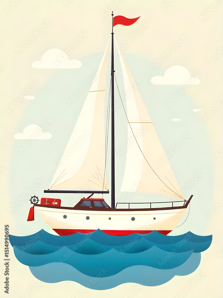 Fototapeta premium A charming sailboat with white sails floating on the sea under a bright blue sky.