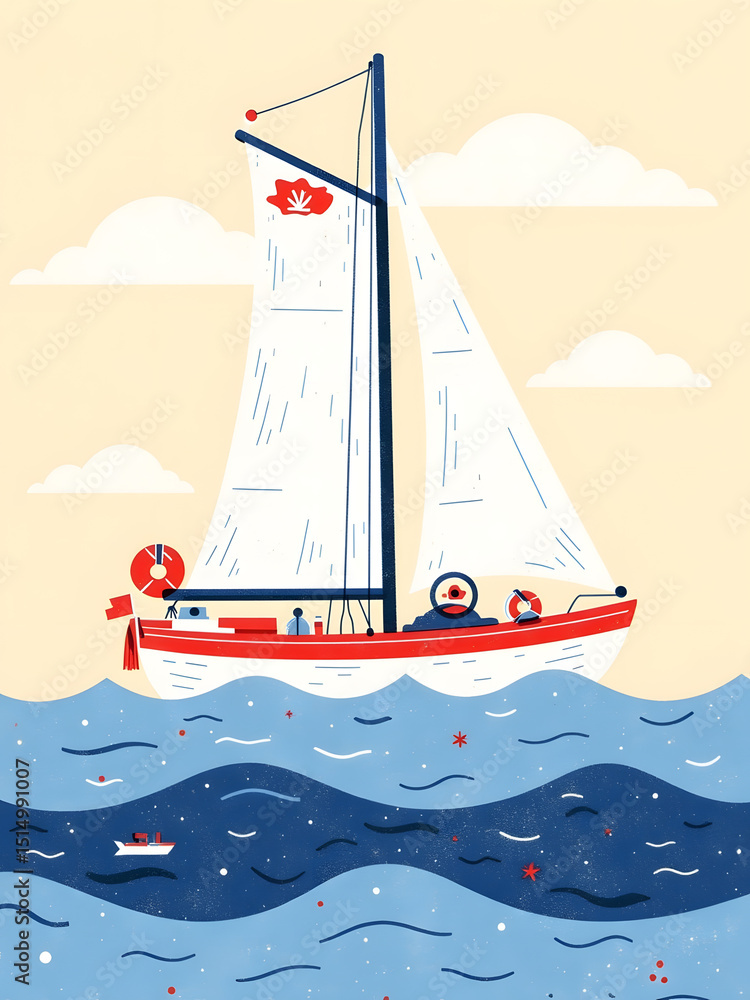 Naklejka premium A charming illustration depicts a sailboat gracefully sailing on the sea under a bright, sunny sky.
