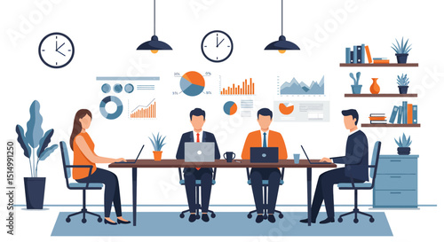 Flat vector illustration of a productive business meeting with diverse team members collaborating around a table, analyzing charts and data. Emphasizes teamwork and strategy