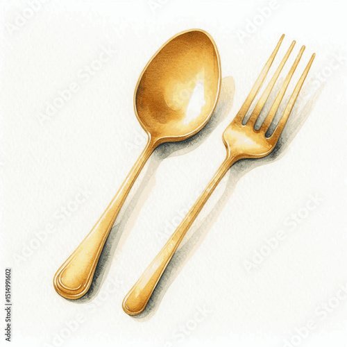 Aureate Flow gold spoon and fork isolated watercolor vector illustration svg