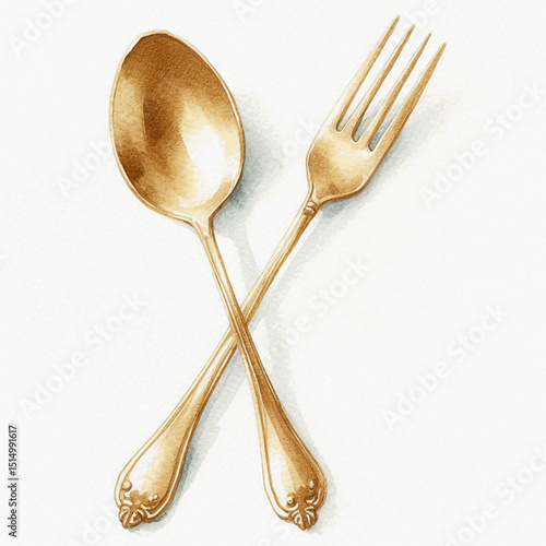 Sunlit Set gold spoon and fork isolated watercolor vector illustration svg