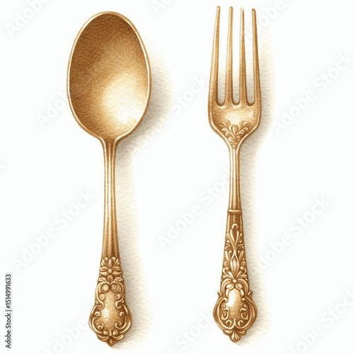 Golden Companions gold spoon and fork isolated watercolor vector illustration svg