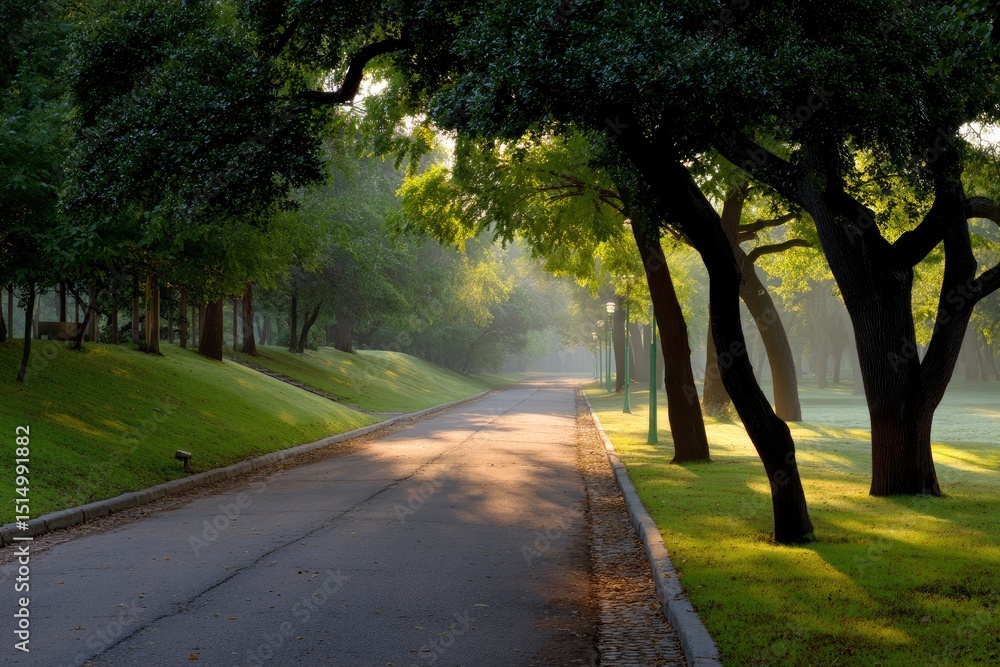 Obraz premium Asphalt path winds through a verdant park light filtering through trees