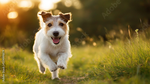 Jack Russell terrier sprinting through a meadow, embodying pure joy and freedom in motion.