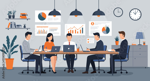 Flat vector illustration of a productive business meeting with diverse team members collaborating around a table, analyzing charts and data. Emphasizes teamwork and strategy
