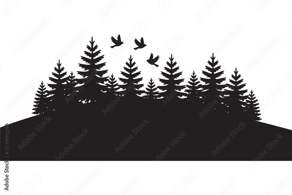 Fototapeta premium Silhouette of Pine Trees on Hill Landscape Vector Illustration