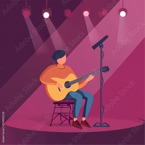 Melody of the Stage: A talented guitarist captivates the audience with a soulful serenade. The musician plays with passion under the glow of spotlights. 