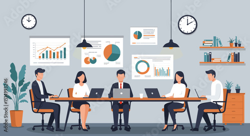 Flat vector illustration of a productive business meeting with diverse team members collaborating around a table, analyzing charts and data. Emphasizes teamwork and strategy