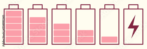 Pink battery icons. Battery icons set. Power low up status batteries icons