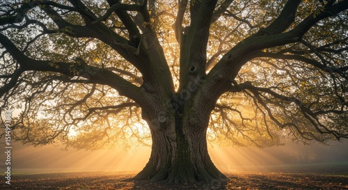 Golden Light Tree of Wisdom - Ancient tree, sunrise rays, nature's wisdom, strength, serenity. Symbolizing growth, resilience, and timelessness