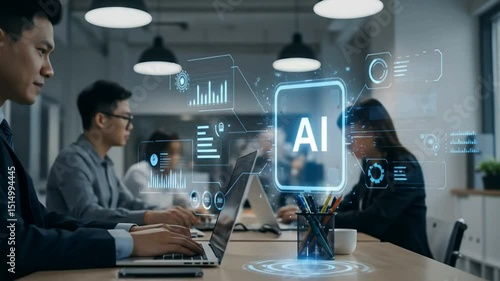 Business team discussing artificial intelligence with data overlays.	