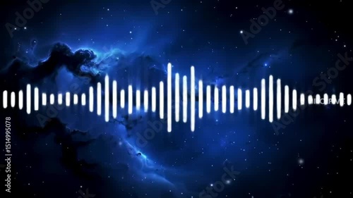 White audio spectrum bars on a blue nebula background with small stars