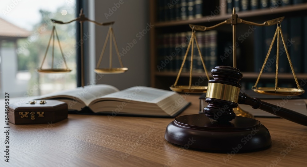 Justice Scales Gavel Law Book Courtroom - Symbols of justice: scales, gavel, law book, courtroom setting, legal books. Represents law, order, judgment, fairness, and authority Justice Scales Gavel Law Book Courtroom - Symbols of justice: scales, gavel, law book, courtroom setting, legal books. Represents law, order, judgment, fairness, and authority