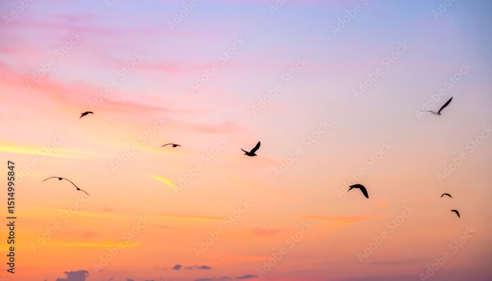 Obraz premium Birds flying in silhouette against an orange sunset sky