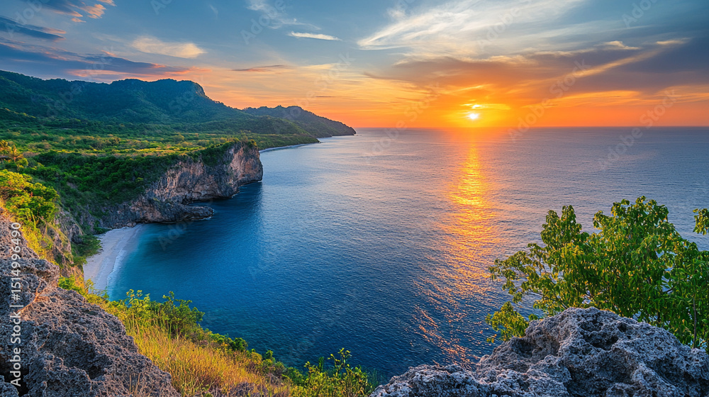 A tranquil sunrise over the ocean paints the water with streaks of gold as seen from a majestic cliffside covered in A tranquil sunrise over the ocean paints the water with streaks of gold as seen from a majestic cliffside covered in