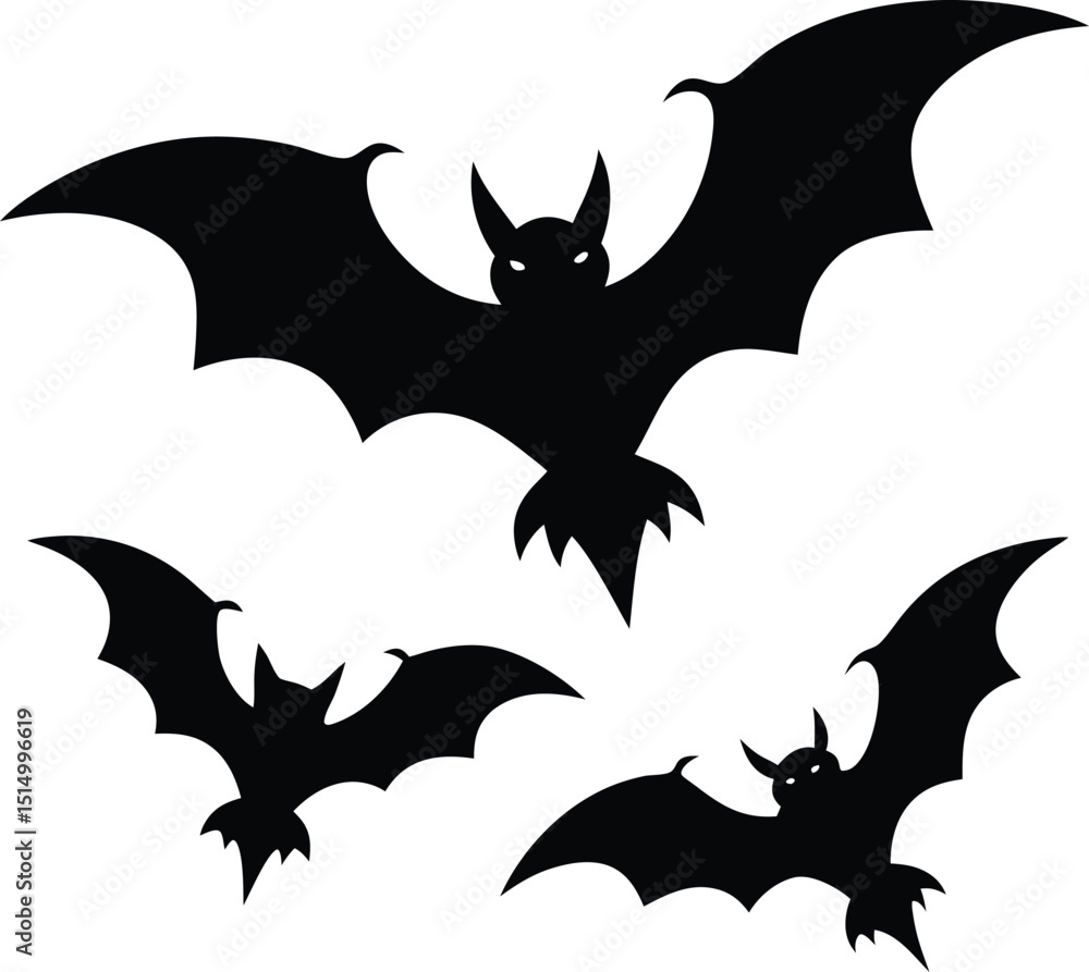 Obraz premium Halloween Silhouettes of Pumpkins, Ghosts, and Witches, Spooky Halloween Scene Silhouettes with Haunted House and Bats, Flying Witch, Bats, and Full Moon Silhouette