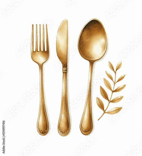Golden Duet Gold fork and knife isolated watercolor vector illustration svg