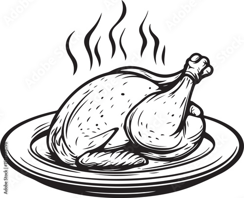Line drawing of a roasted chicken on a platter with garnish perfect for a restaurant menu silhouette Vector Design art illustration