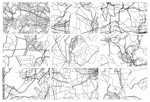 Urban Network Maps in Vector Format: An artistic representation of a complex urban network, illustrating the intricate connections of roads, railways, and infrastructure. 