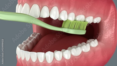 Toothbrush cleaning teeth. Medically accurate 3D Animation of oral hygiene