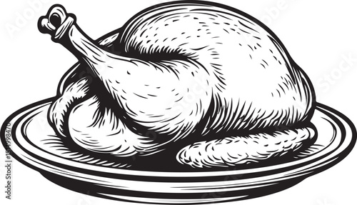 Line drawing of a roasted chicken on a platter with garnish perfect for a restaurant menu silhouette Vector Design art illustration