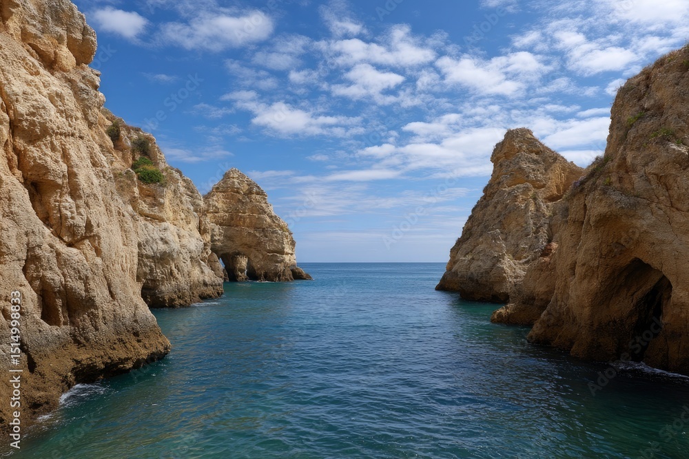 Fototapeta premium Cliffs enclose blue water under a cloudy sky rock formations with a small plant and arches are visible