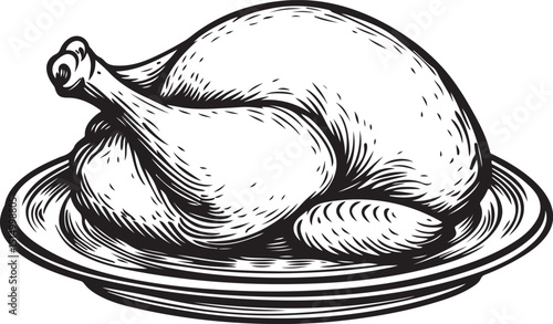 Line drawing of a roasted chicken on a platter with garnish perfect for a restaurant menu silhouette Vector Design art illustration