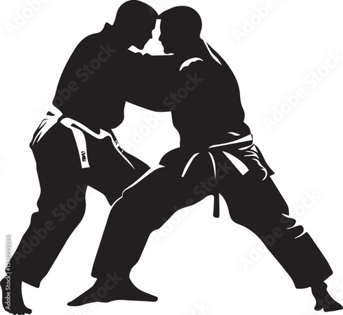 Silhouette of a Jiu Jitsu: Two Jiu-Jitsu athletes engage in a dynamic combat, showcasing strength, skill, and the discipline of martial arts.