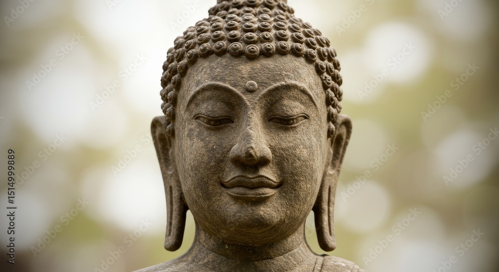 Serene Buddha Statue Close Up - Close-up of a serene stone Buddha statue, peaceful expression, blurred background Serene Buddha Statue Close Up - Close-up of a serene stone Buddha statue, peaceful expression, blurred background