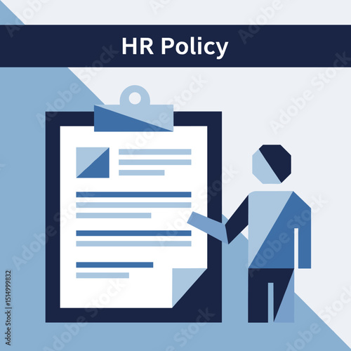 HR Policy: A graphic illustration depicts a person presenting a document. The scene captures the essence of human resources policy within the professional domain.