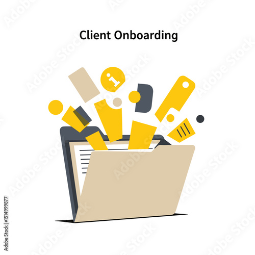 Client Onboarding Illustrated: A visual representation of client onboarding concept, with elements like documents and information floating from a folder, symbolizing the organized process.