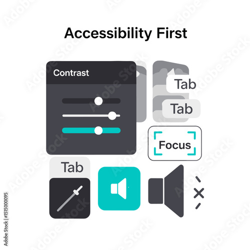 Accessibility First Design: Modern accessibility-focused graphic featuring contrast control, tab navigation, focus highlight, and sound control for inclusive user experience.