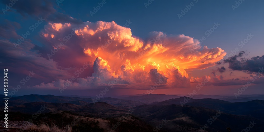 Fototapeta premium Massive anvil cumulonimbus cloud at sunset, backlit orange, purple. Dark silhouetted hills below. High contrast. Epic scale. Cinematic HDR.