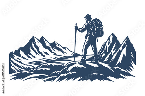 Hiker with Backpack and Walking Stick Admiring Mountain Landscape. Vintage Outdoor Adventure Silhouette Illustration