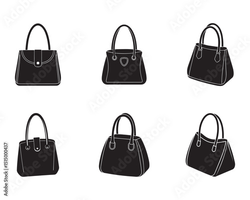 handbag sketch icon silhouette vector Collection of six black and white tote bags with different designs and handle styles illustrated