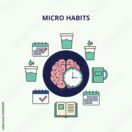 Micro Habits: A visually engaging illustration showcasing micro habits with water, calendar, and book.