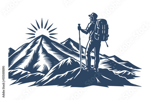 Hiker with Backpack and Walking Stick Admiring Mountain Landscape. Vintage Outdoor Adventure Silhouette Illustration