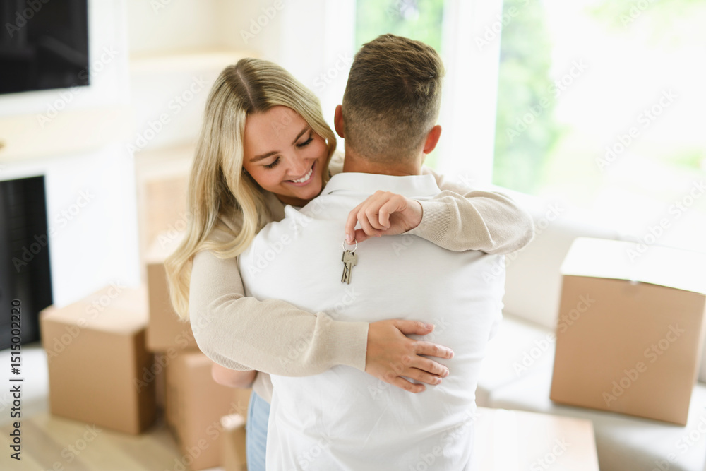 Fototapeta premium Young couple moving in new home. Couple is having fun with cardboard boxes in new house at moving day. holding key.