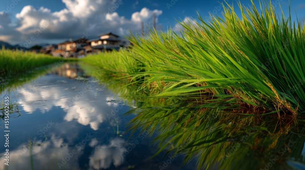 Fototapeta premium Lush green rice fields reflecting sky rural thailand nature photography tranquil environment asian viewpoint