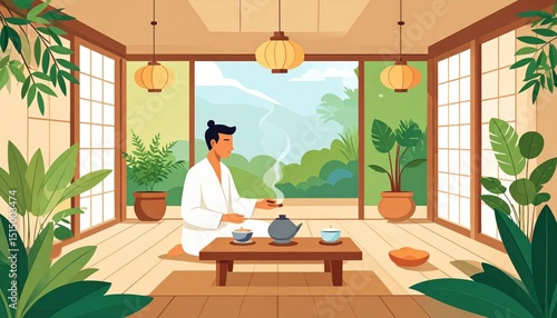 Man Enjoying Tea Ceremony In Japanese Style Room