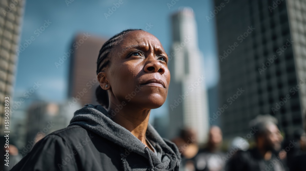 Fototapeta premium Powerful image of protester with determined expression, standing against backdrop of urban buildings, showcasing resilience and strength in face of adversity