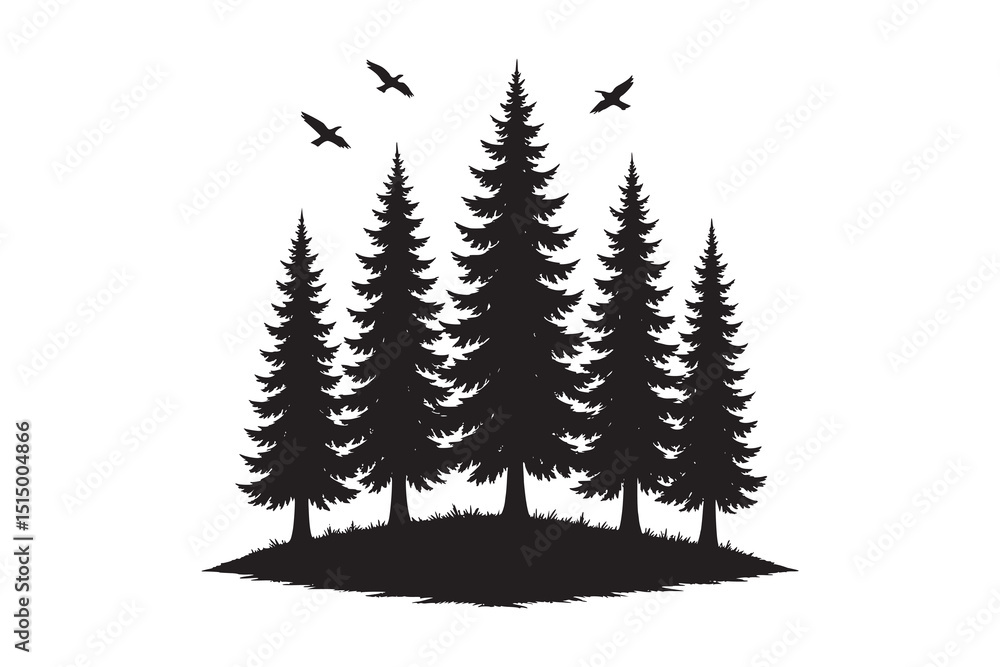 Obraz premium Silhouette of Pine Trees on Hill Landscape Vector Illustration