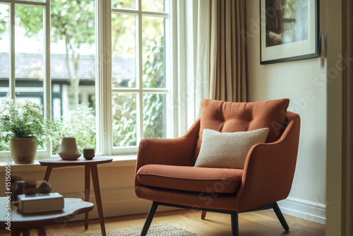 A cozy living room with a warm design featuring a brown armchair and natural light streaming through large windows
