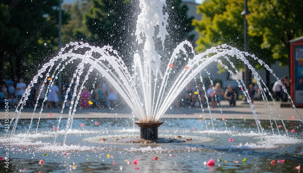 Fototapeta premium Water fountain in urban park with flowing streams sunlit ambiance