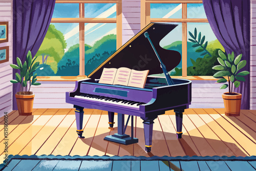 Grand piano and music notes in the room illustration vector
