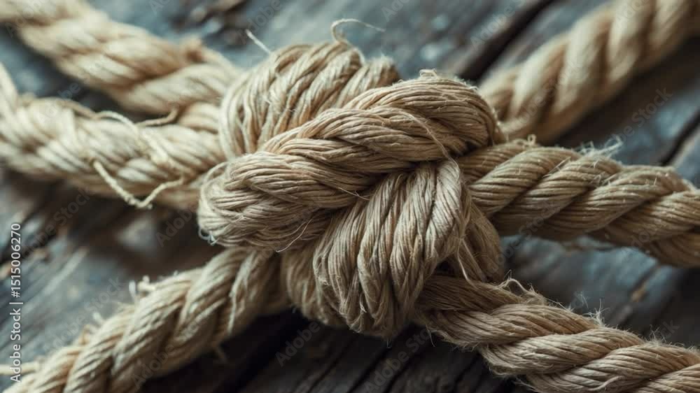 Close-up of intertwined natural jute ropes forming a complex knot against a rustic wooden surface, highlighting the texture and craftsmanship of the material. Close-up of intertwined natural jute ropes forming a complex knot against a rustic wooden surface, highlighting the texture and craftsmanship of the material.