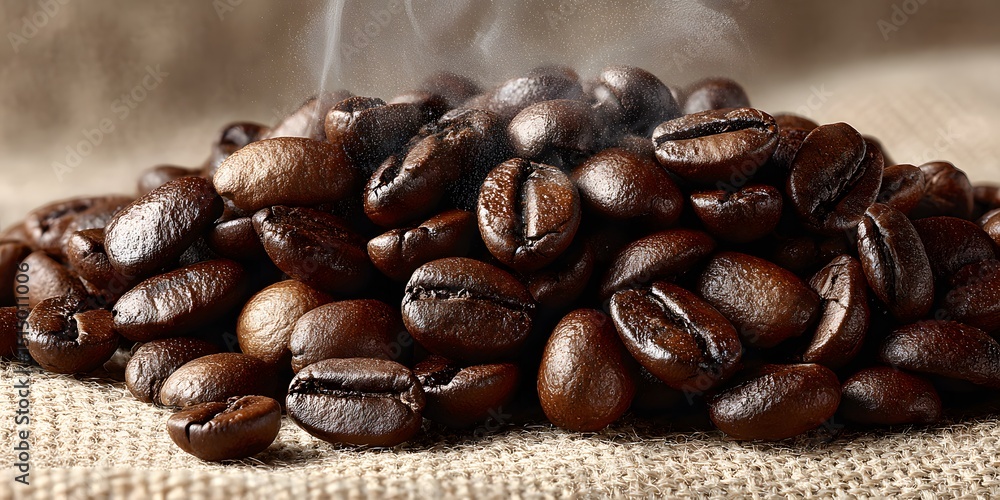 Freshly roasted dark brown coffee beans, frozen mid-spill, make a central pile on light beige linen. Subtle steam, sharp focus on beans in center. Freshly roasted dark brown coffee beans, frozen mid-spill, make a central pile on light beige linen. Subtle steam, sharp focus on beans in center.