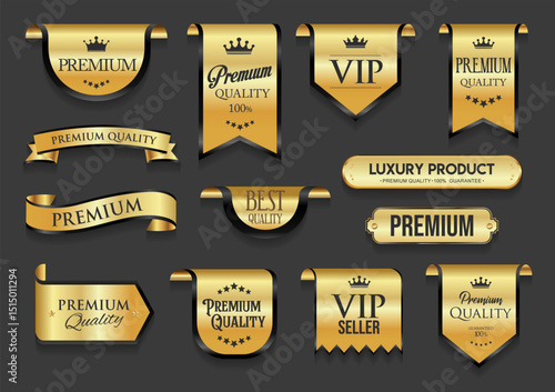 black and gold luxury labels and badges gold premium quality certificate ribbons vector illustration
