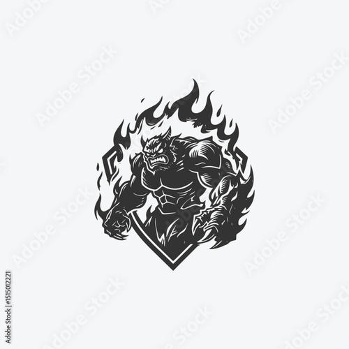 Angry burning titan monster engraving style vector logo design flat vector