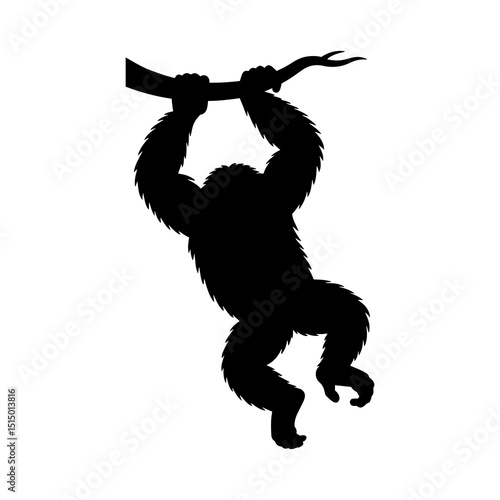 Silhouette of an orangutan hanging from a branch showcasing its arboreal adaptation and strong grip strength